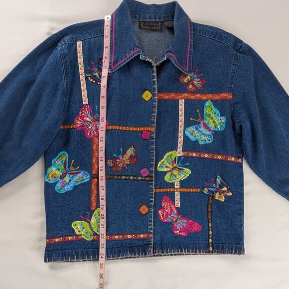 VTG Blue Pink Denim Butterfly Embroidered Floral Patches Cuffed Button Up Jacket - Picture 4 of 6